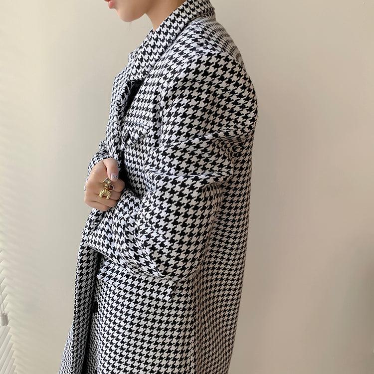 Houndstooth Double Breasted Oversized Long Wool Coat Vivian Seven