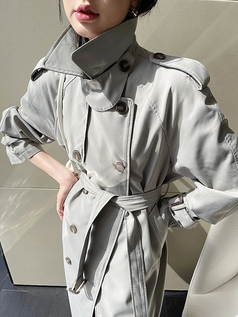 Double Breasted Buckle Belt Notched Lapel Trench Coat Vivian Seven