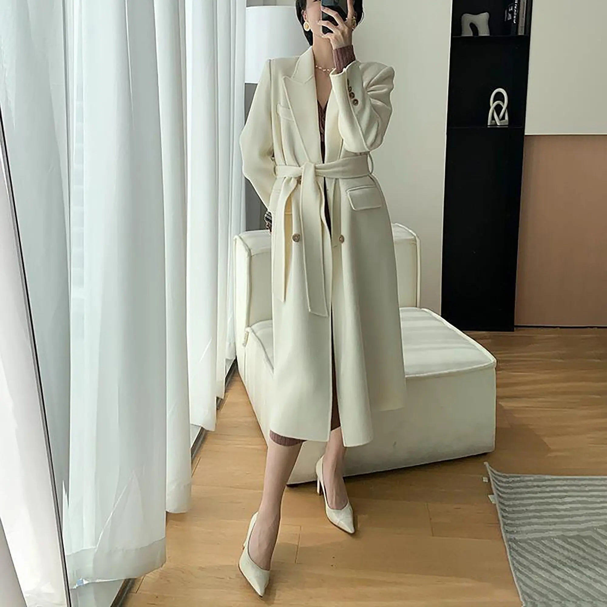 Off White Wool Blend Double Breasted Belted Coat | Vivian Seven