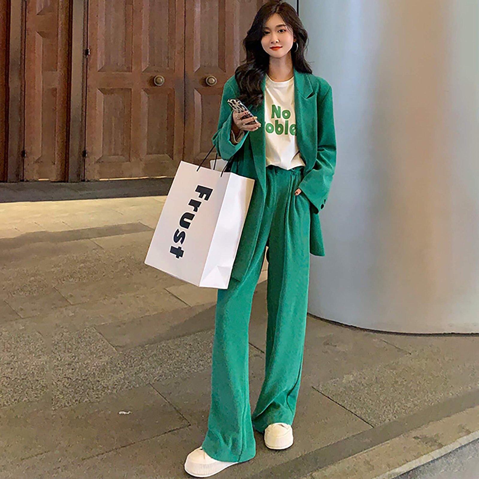 Oversize Double Breasted Green Corduroy Blazer Pant Suit