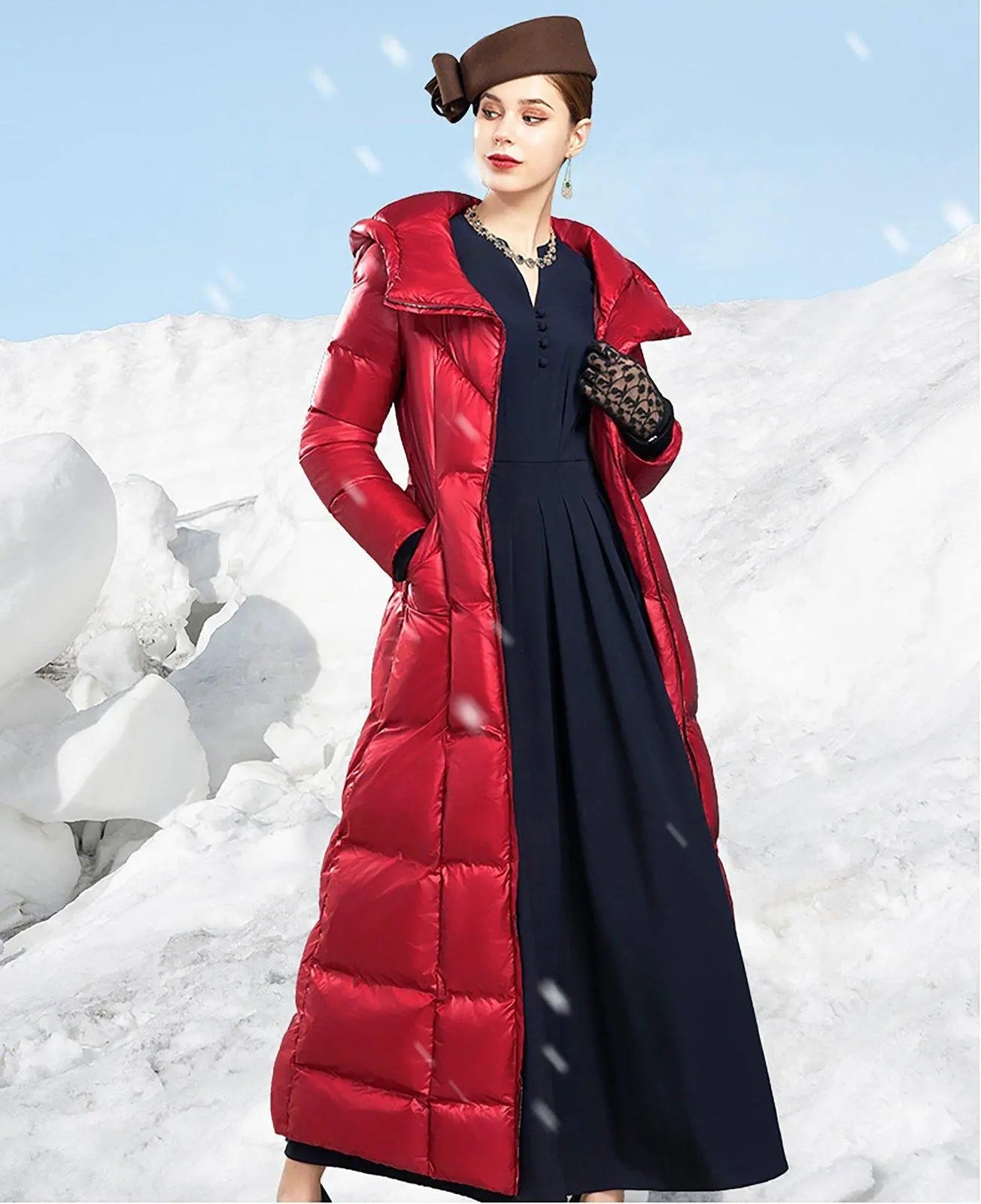 Red Hooded Quilted Puffer Padded Coat,Hooded Quilted Overcoat,Warm Winter Coat,Red Long Coat,Quilted Puffer Coat,Warm Puffy Coat,Red Coat Vivian Seven