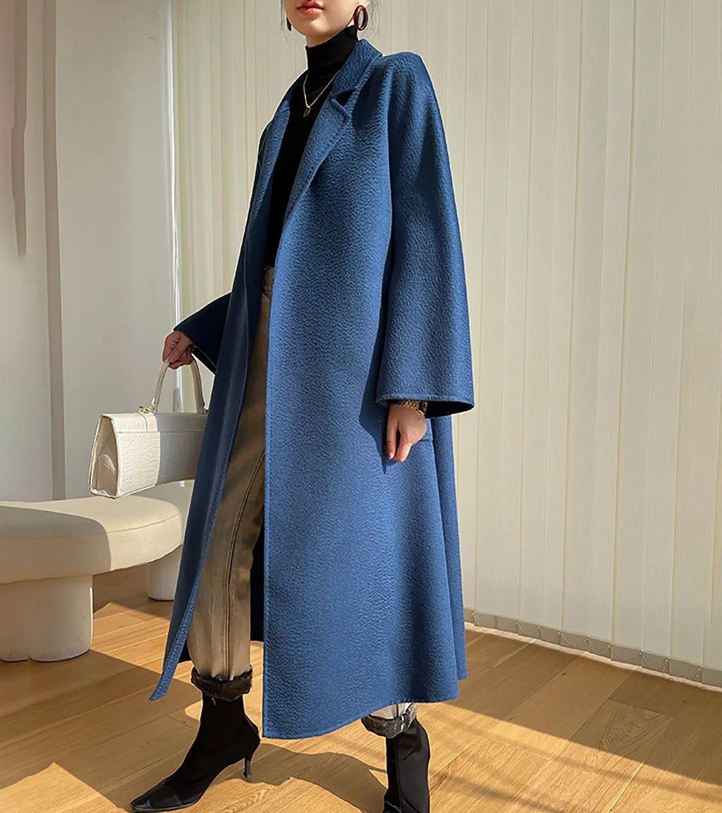 blue notched lapel wool coat