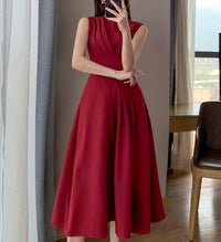 Claret Sleeveless High Waist Fit & Flare Midi Dress Vivian Seven
