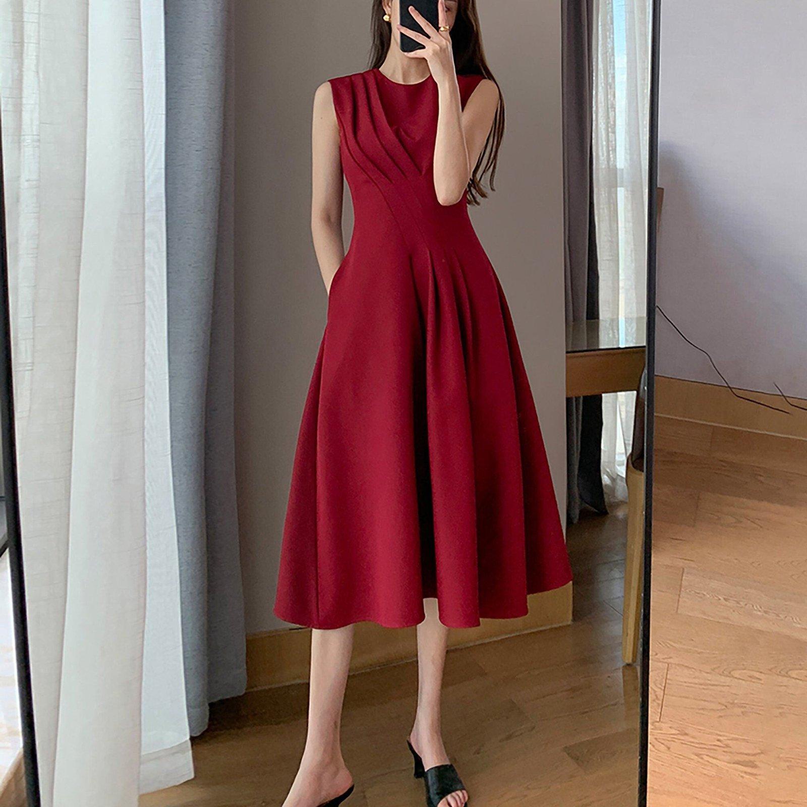 Claret Sleeveless High Waist Fit & Flare Midi Dress | Vivian Seven Claret Sleeveless High Waist Fit & Flare Midi Dress | Vivian Seven