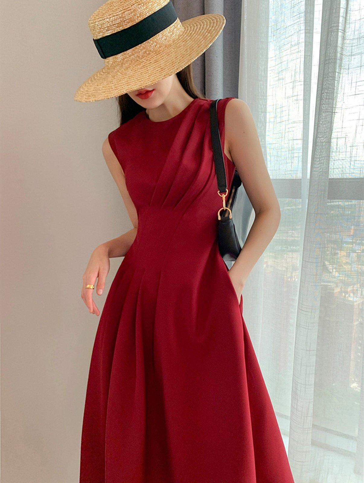 Claret Sleeveless High Waist Fit & Flare Midi Dress | Vivian Seven S Claret Sleeveless High Waist Fit & Flare Midi Dress | Vivian Seven S