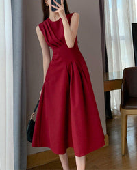 Claret Sleeveless High Waist Fit & Flare Midi Dress Vivian Seven