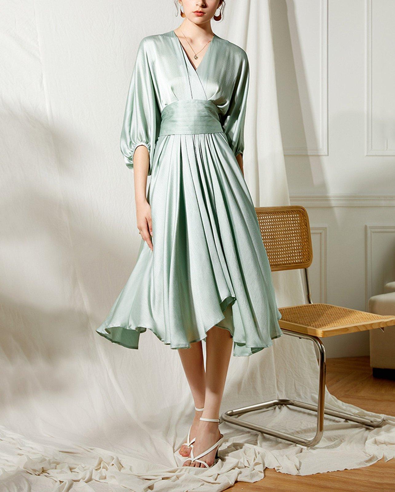 Satin Mint Green Cocktail Midi Dress | Vivian Seven S / Green Satin Mint Green Cocktail Midi Dress | Vivian Seven S / Green