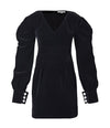 Spring Black Velvet Puff Sleeve V-Neck Dress Vivian Seven