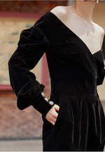 Spring Black Velvet Puff Sleeve V-Neck Dress Vivian Seven