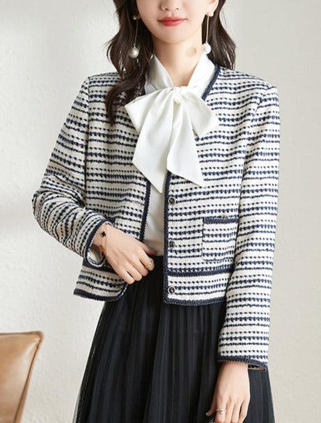 Spring Cream Tweed Jacket Blue Striped Cardigan Blazer Coat Vivian Seven