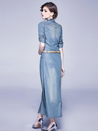 Denim Blue Belted Three-Quarter Sleeve Maxi Dress Vivian Seven
