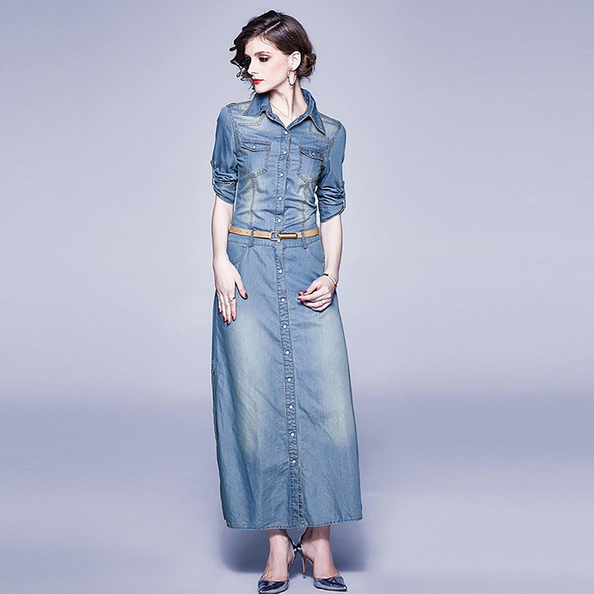 Denim Blue Belted Three-Quarter Sleeve Maxi Dress Vivian Seven