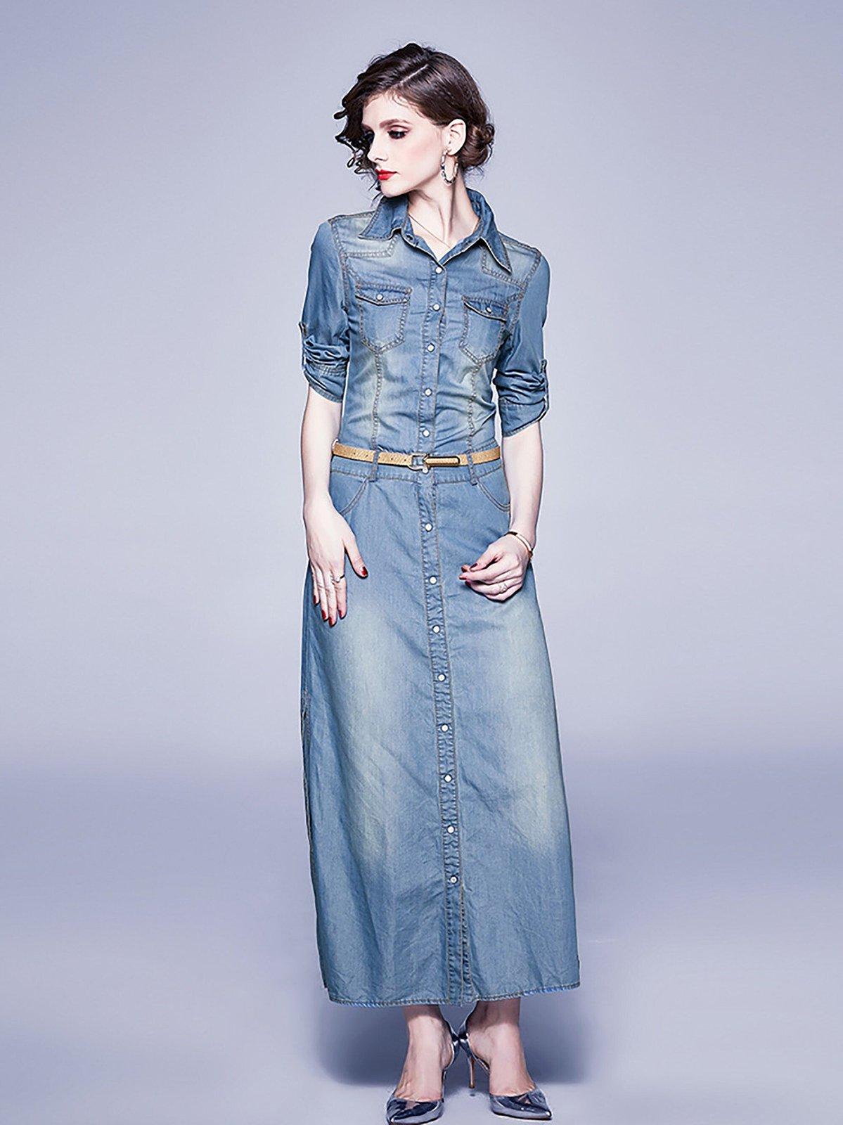 Alison Midi Dress - Long Sleeve Front Split Denim Dress in Mid Blue Wash |  Showpo