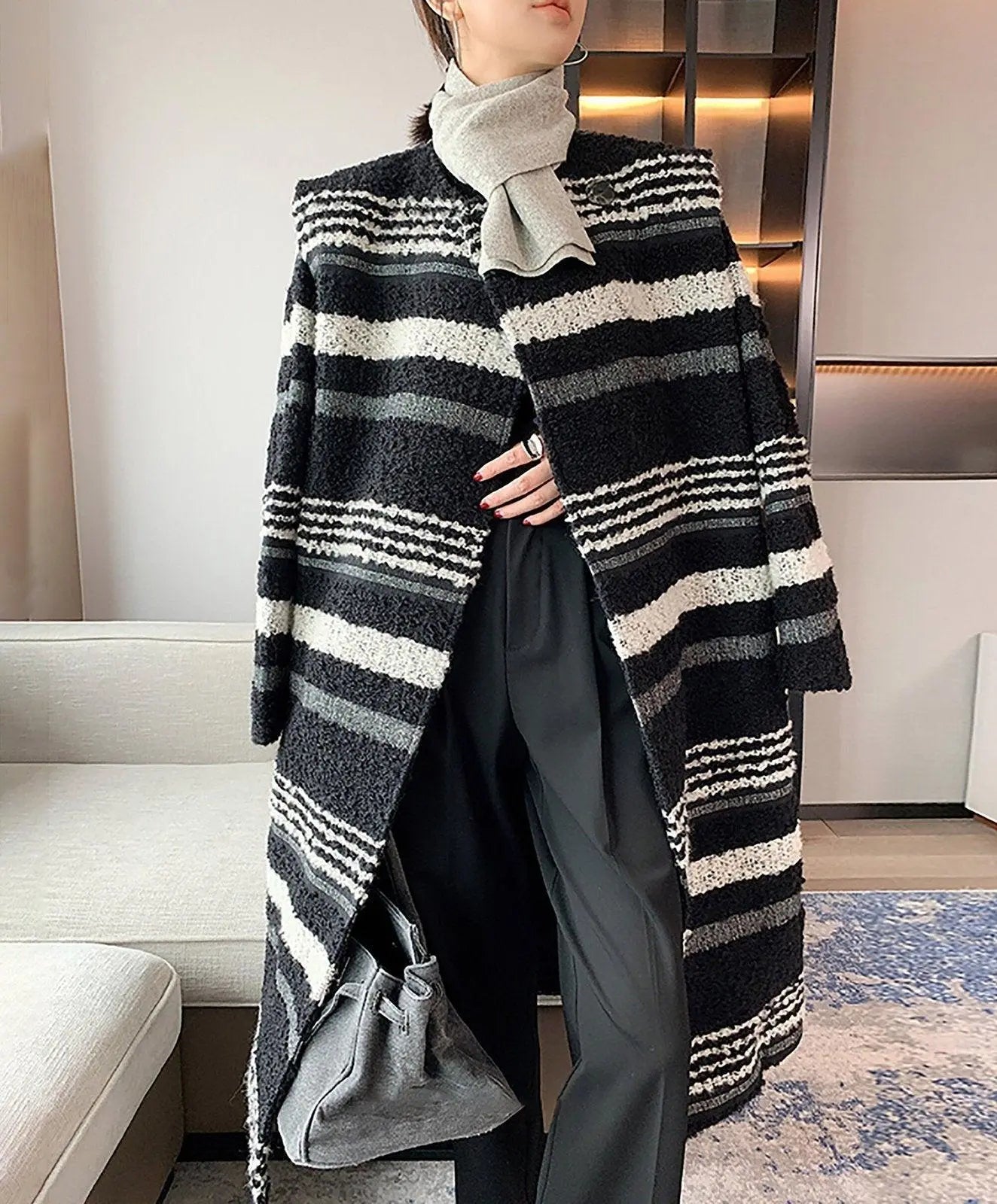 Striped Collarless Midi Length Wool Blend Coat