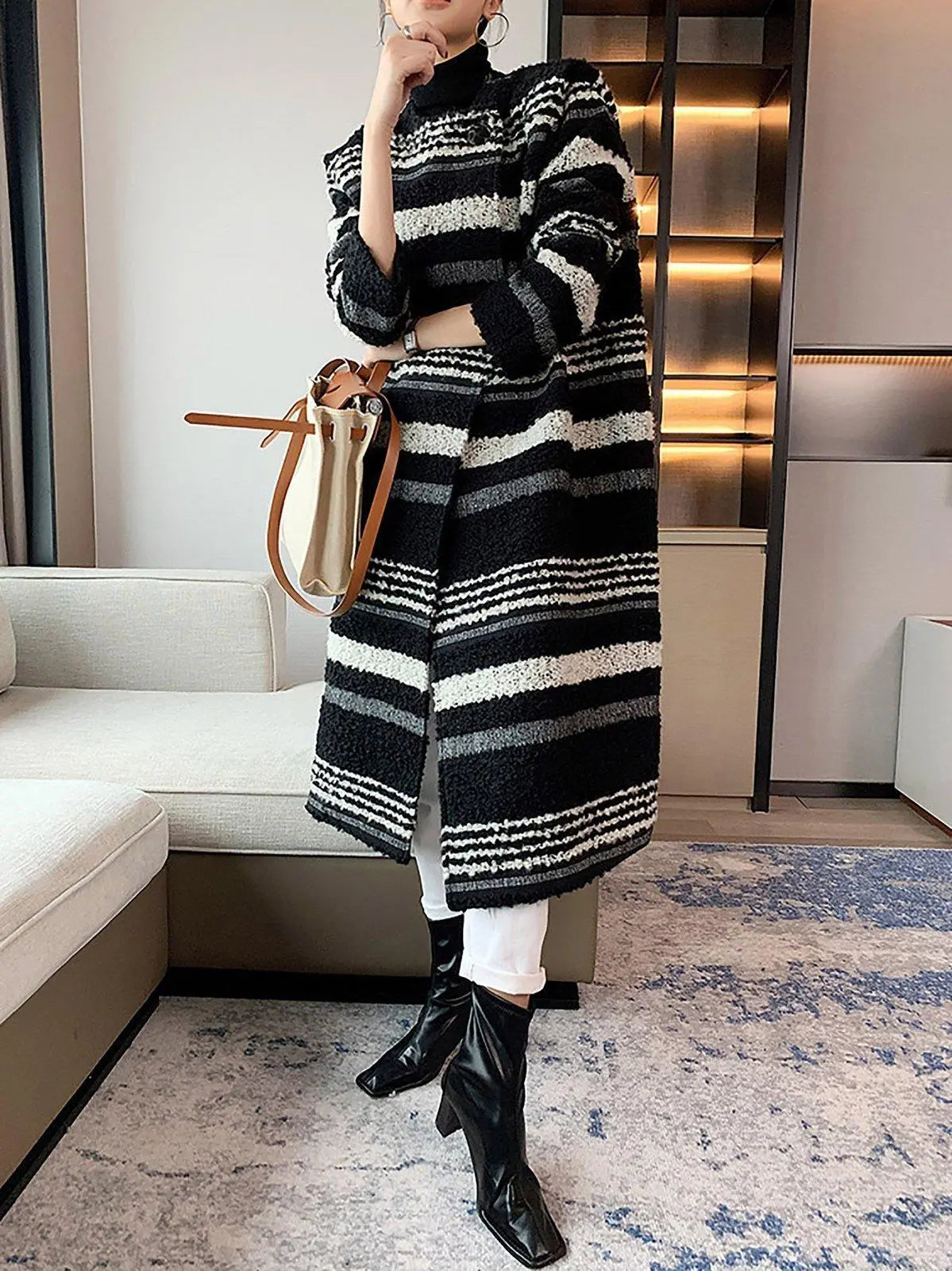 Striped Collarless Midi Length Wool Blend Coat – Vivian Seven