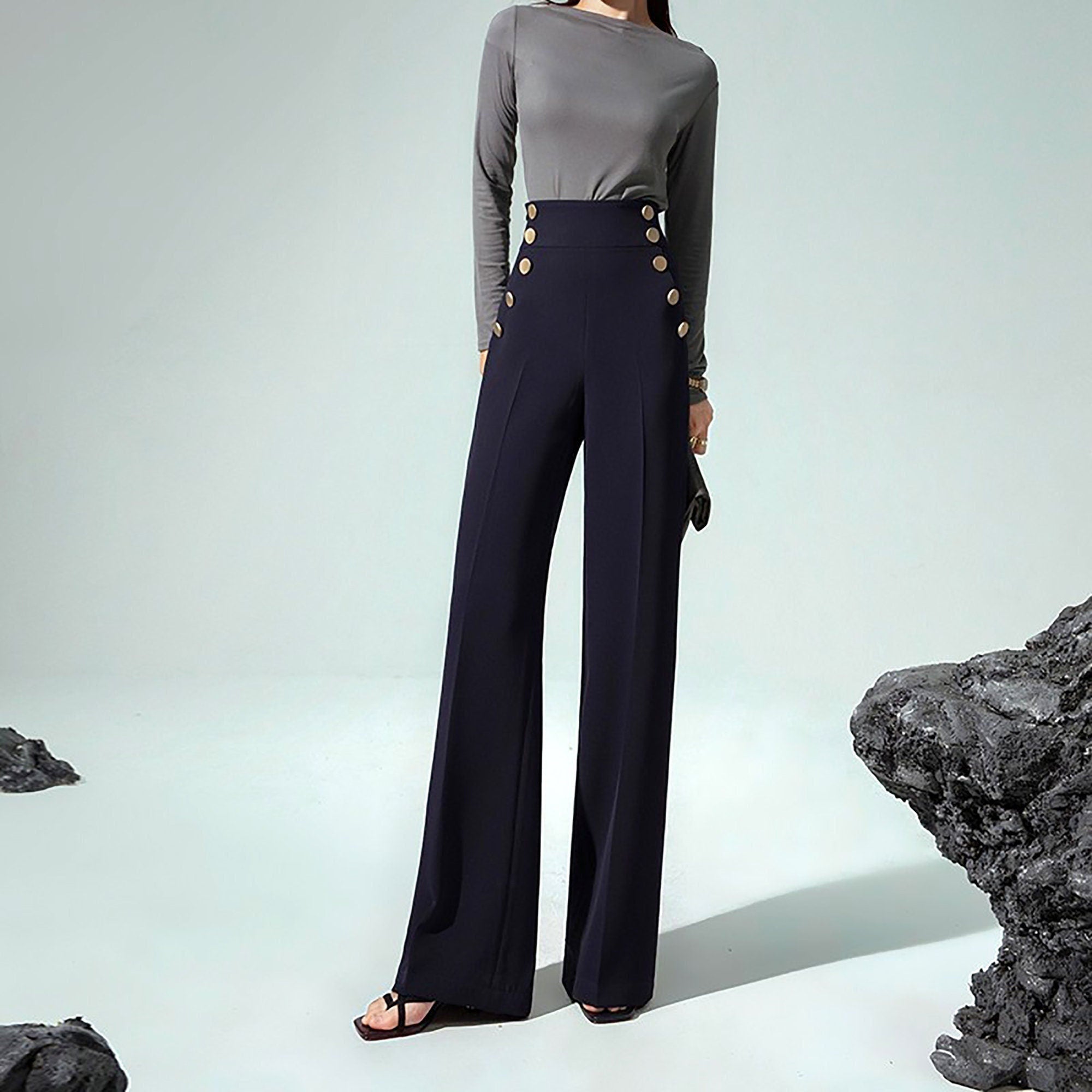 Women's High Waist Button Ponte Flare Pants | Vivian Seven 27 / Dark Blue Women's High Waist Button Ponte Flare Pants | Vivian Seven 27 / Dark Blue