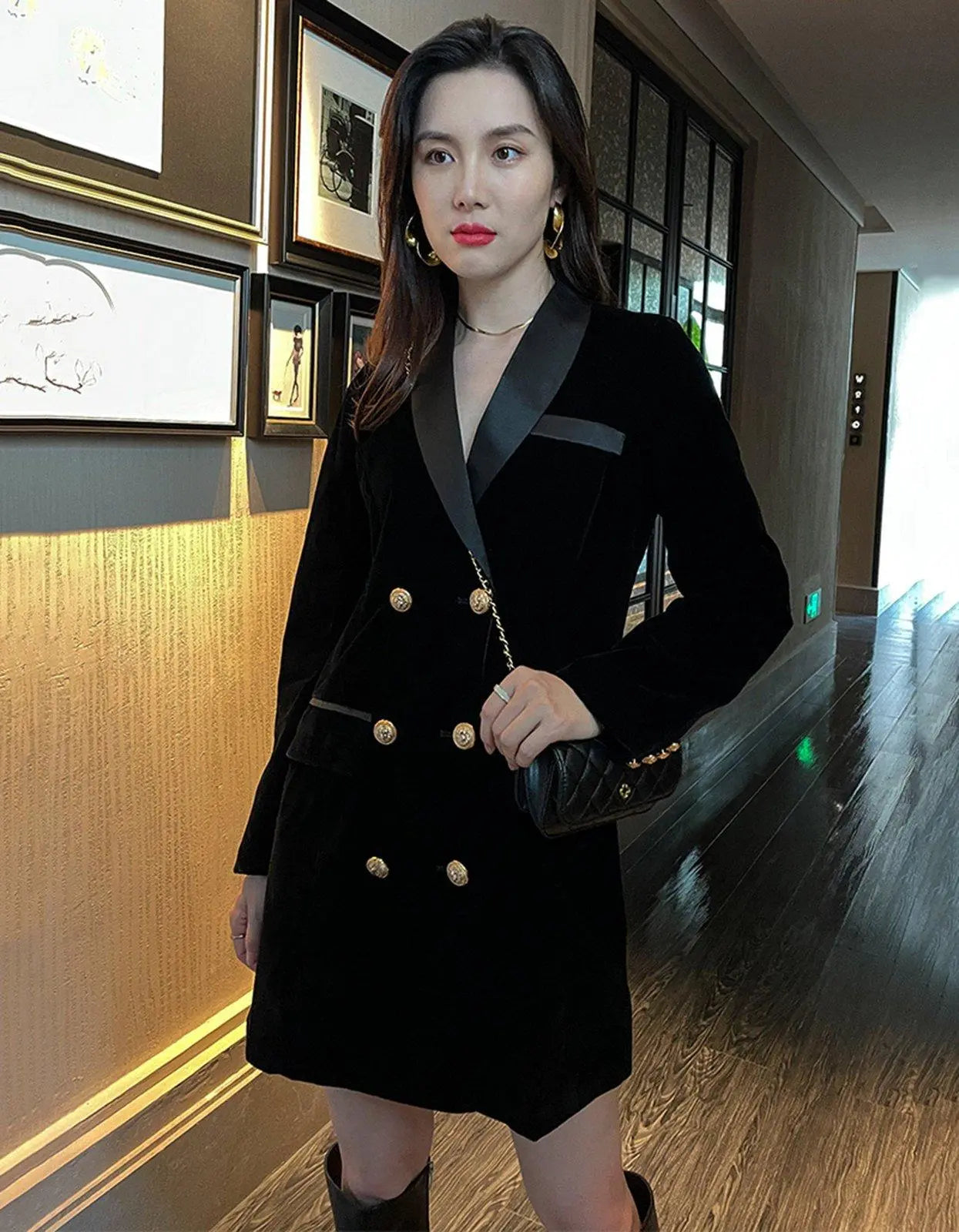Black Double Breasted Slim Velvet Blazer Dress