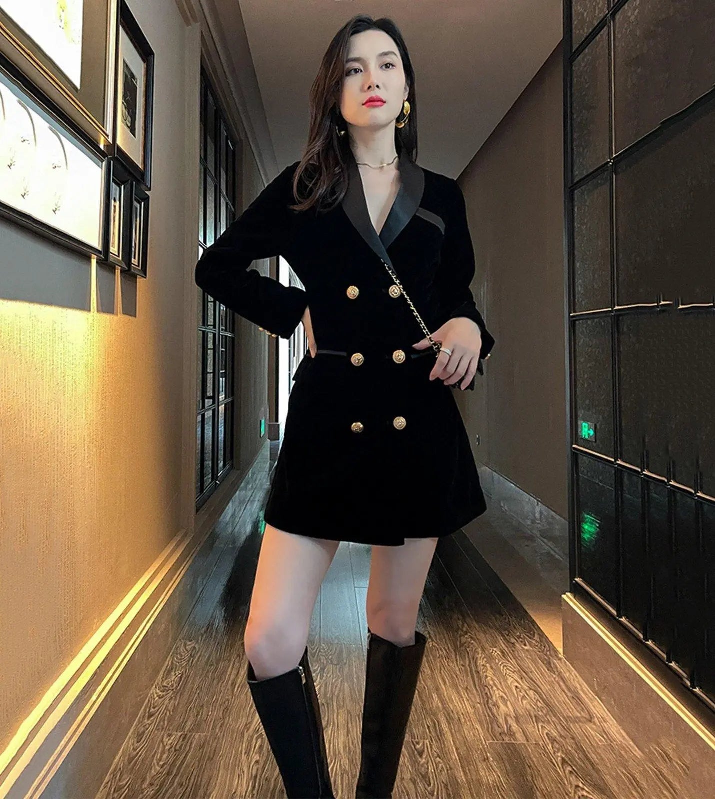 Black Double Breasted Slim Velvet Blazer Dress | Vivian Seven XS Black Double Breasted Slim Velvet Blazer Dress | Vivian Seven XS