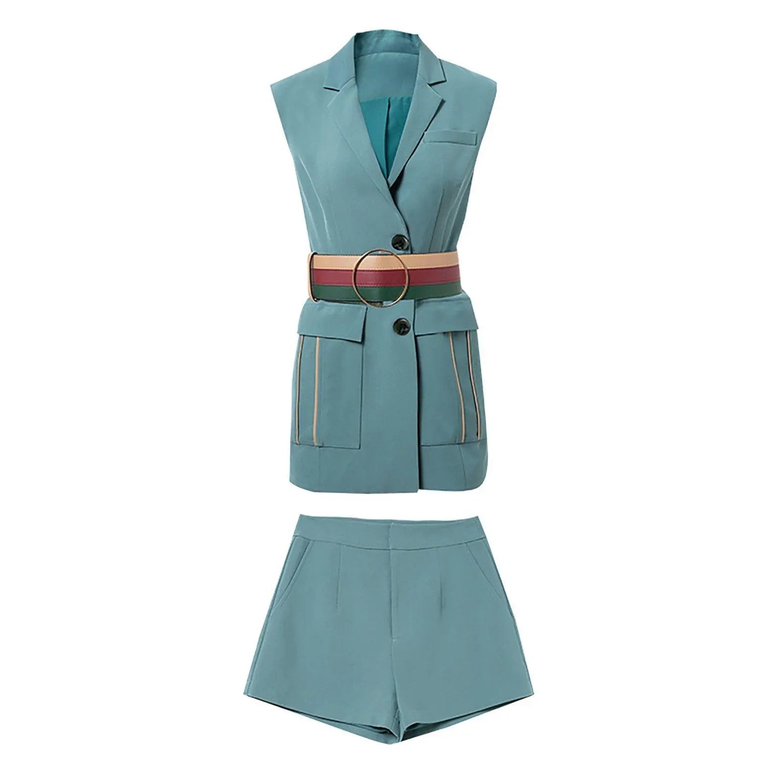 Summer Teal Sleeveless Contrast Belt Blazer & Shorts Set | Vivian Seven Summer Teal Sleeveless Contrast Belt Blazer & Shorts Set | Vivian Seven