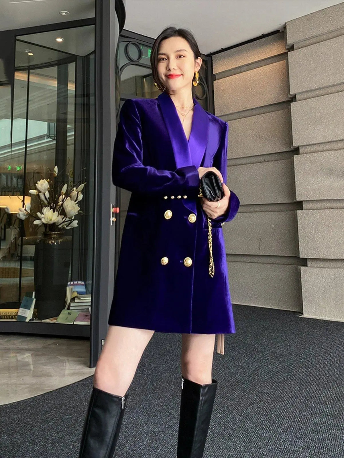 Velvet Double Breasted Thigh-Length Jacket | Vivian Seven