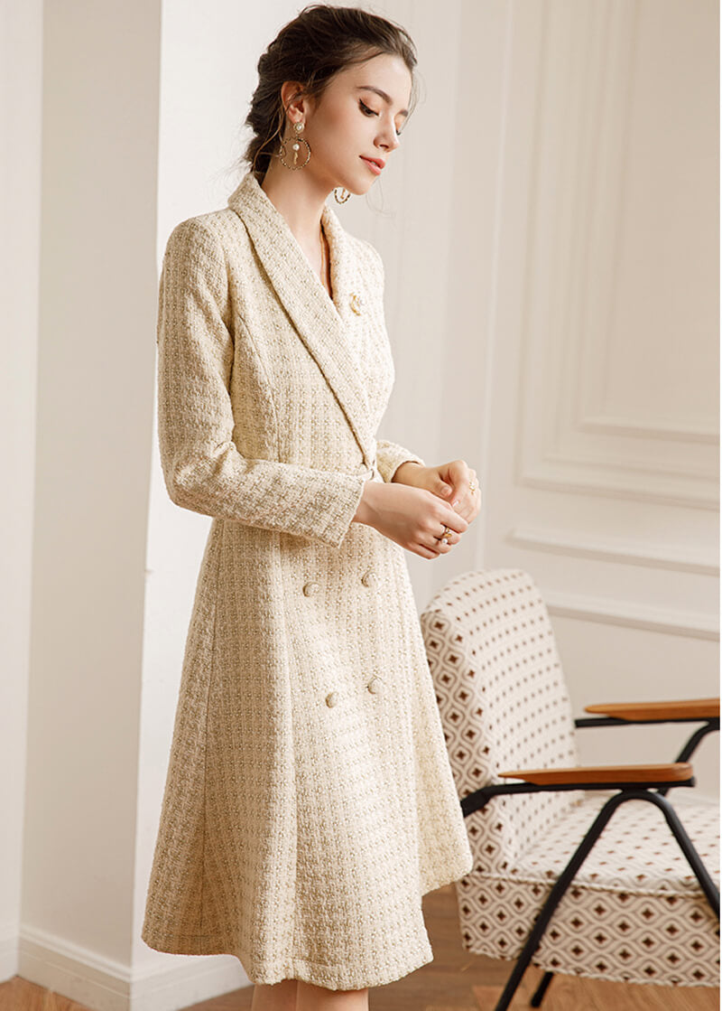 Women Tweed Double Breasted Belted Coat Dress | Vivian Seven S Women Tweed Double Breasted Belted Coat Dress | Vivian Seven S