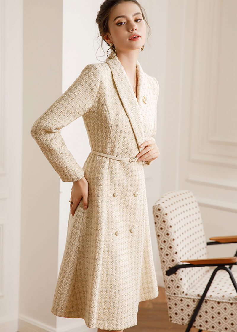 Women Tweed Double Breasted Belted Coat Dress | Vivian Seven S Women Tweed Double Breasted Belted Coat Dress | Vivian Seven S