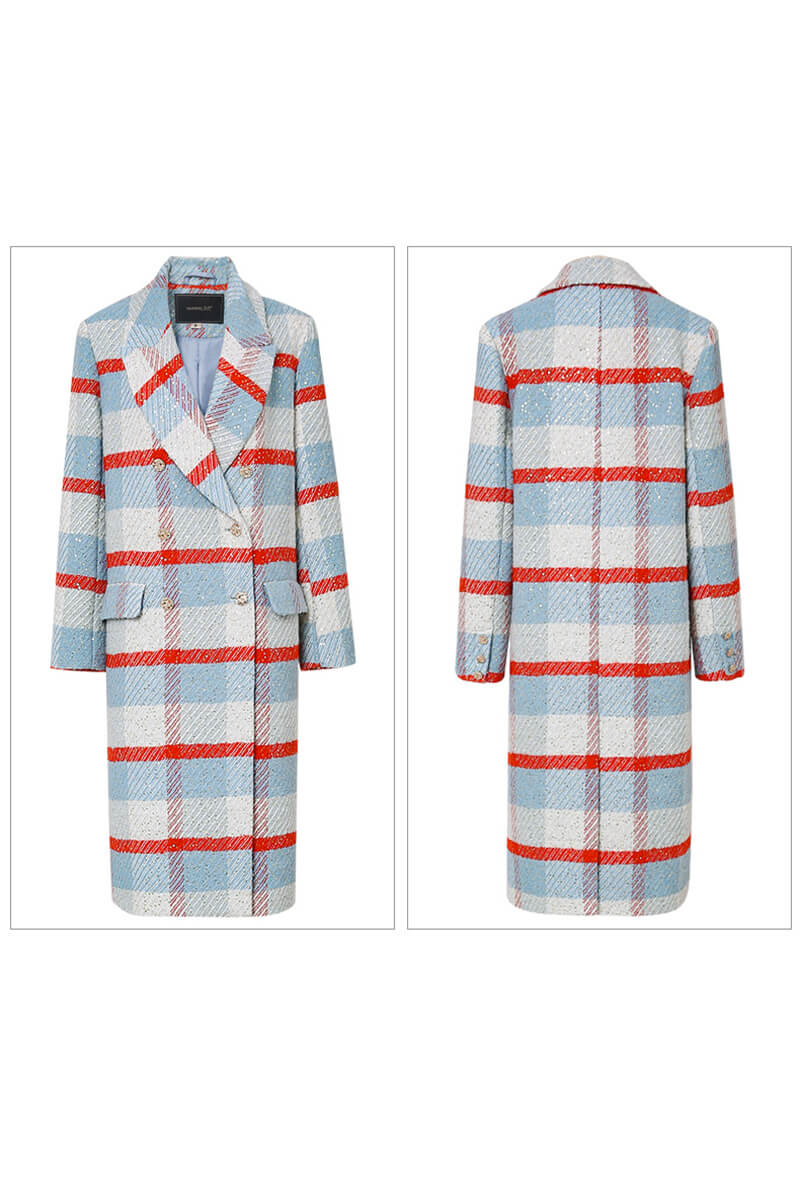 Classic plaid double breasted wool long coat