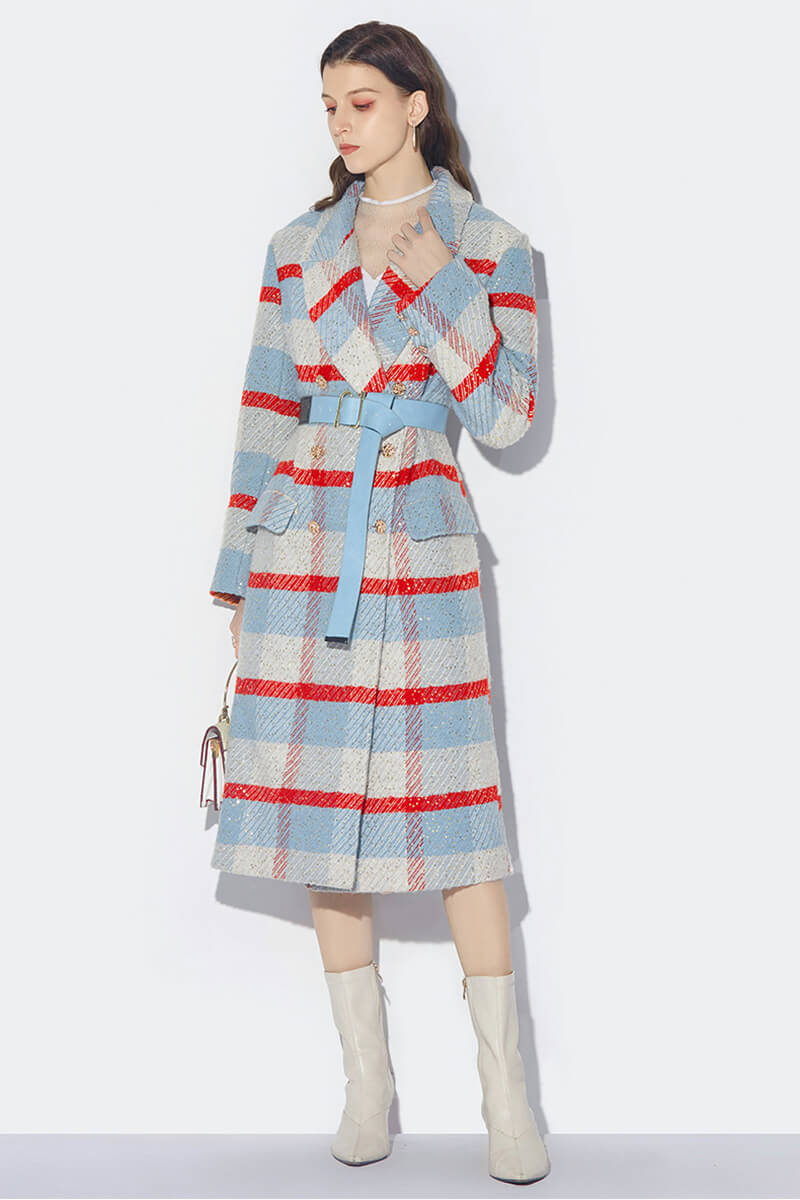Plaid pattern wool blend long coat