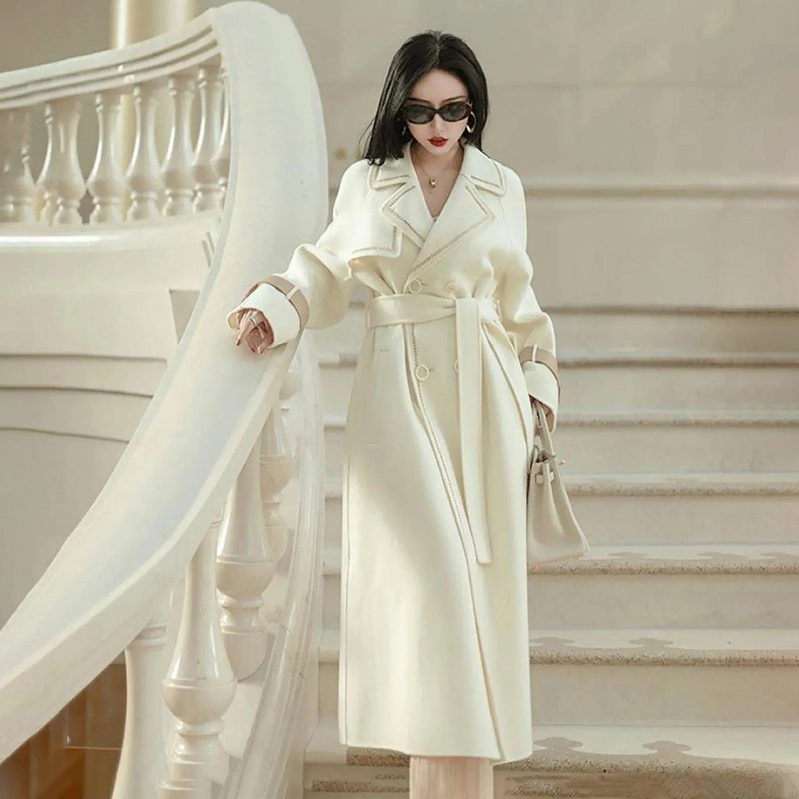 White Cashmere Wool Belted Coat