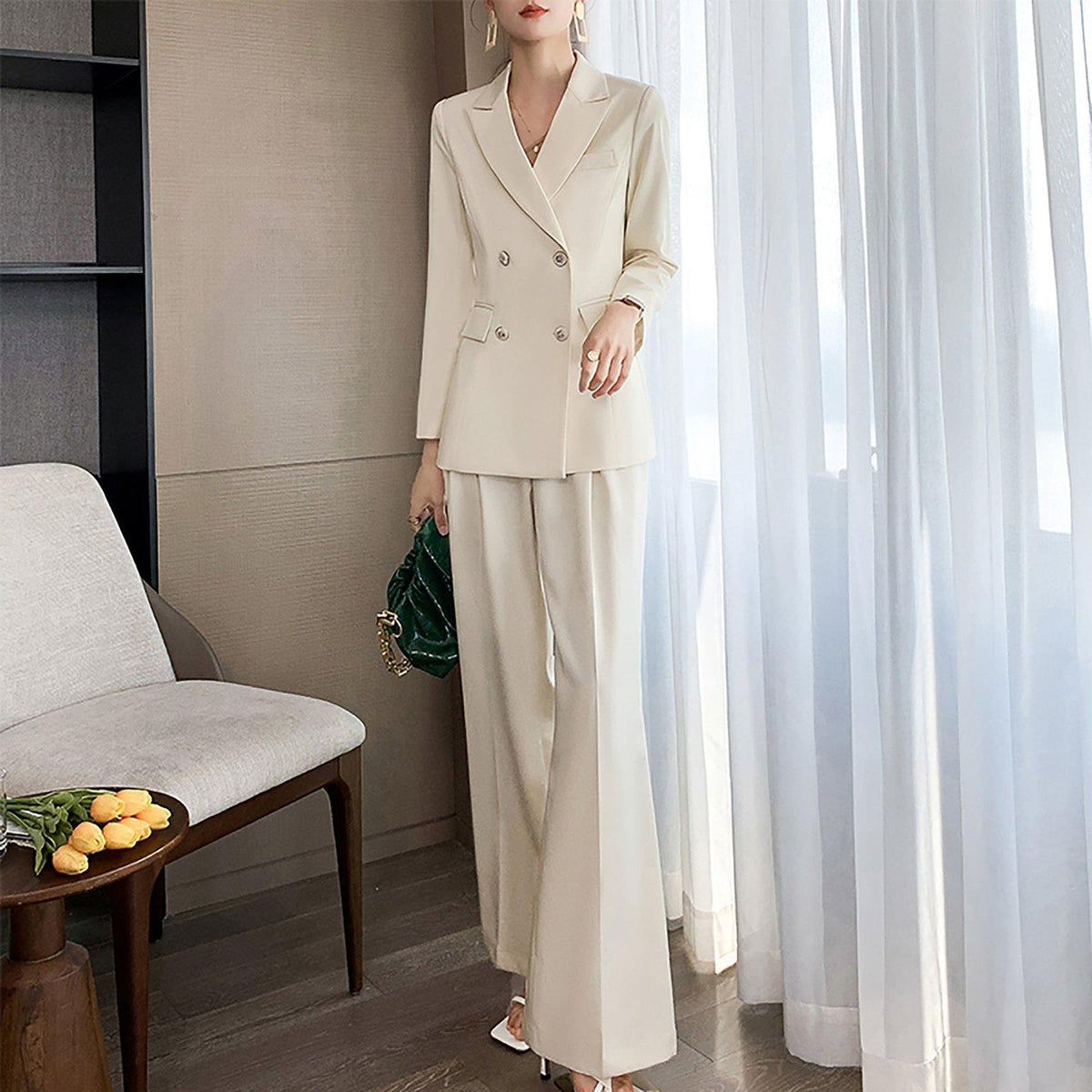 fvwitlyh Interview Outfit Women's Fashion Autumn Winter New Suit Coat  Casual Wide Leg Pants Suit Set Fitted Clothes for Women 