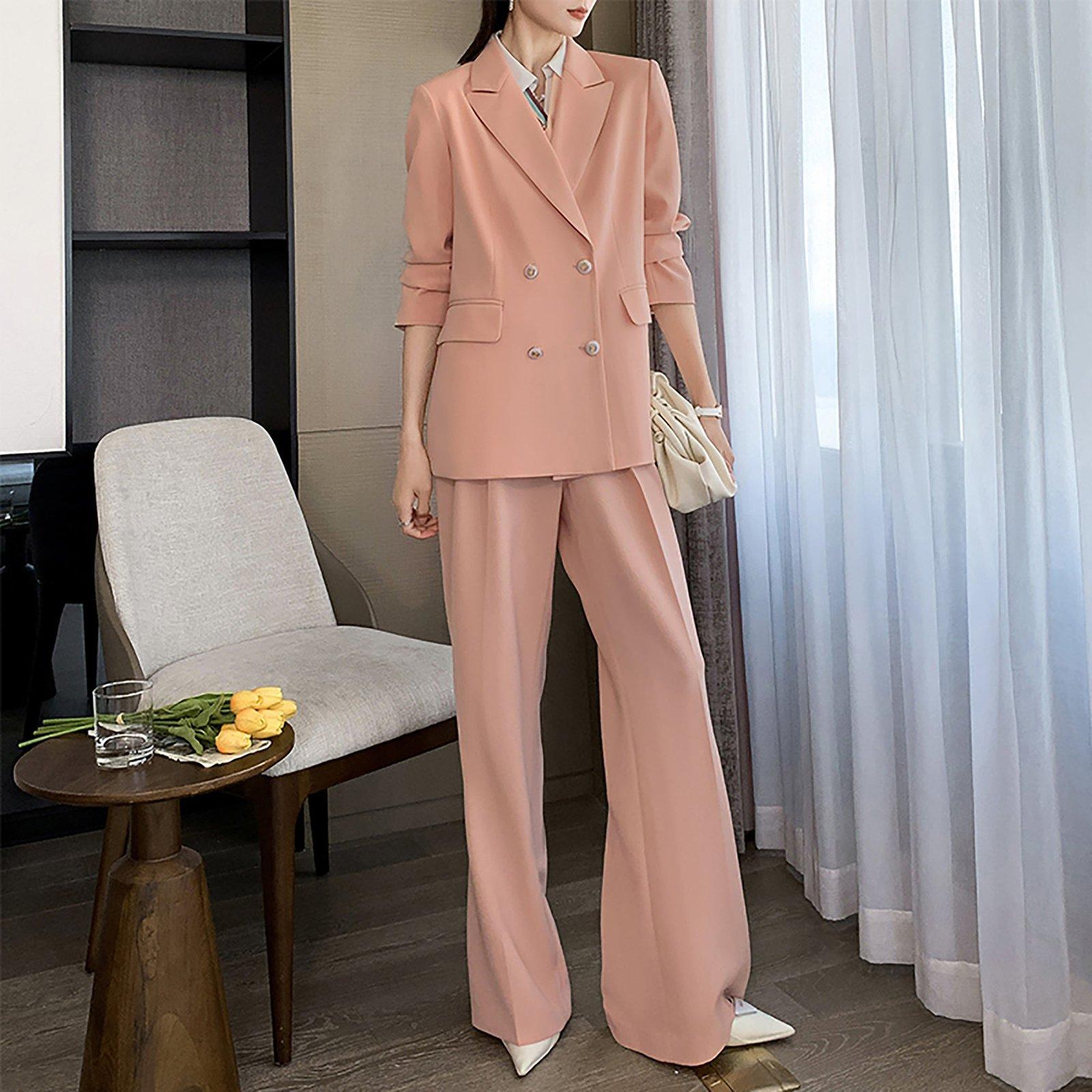Pink Double Breasted Belted Blazer & Wide Leg Pants Suit Vivian Seven