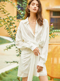 White Long Sleeve Waist Sash Shining Cocktail Shirt Dress Vivian Seven