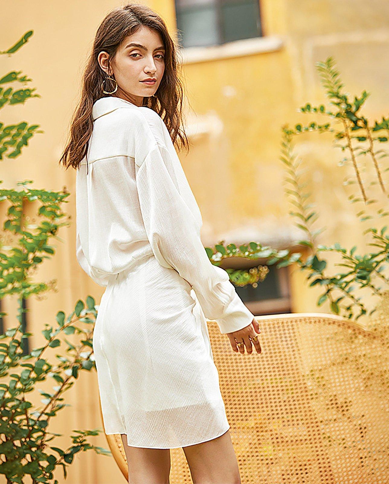 White Long Sleeve Waist Sash Shining Cocktail Shirt Dress | Vivian Seven S White Long Sleeve Waist Sash Shining Cocktail Shirt Dress | Vivian Seven S