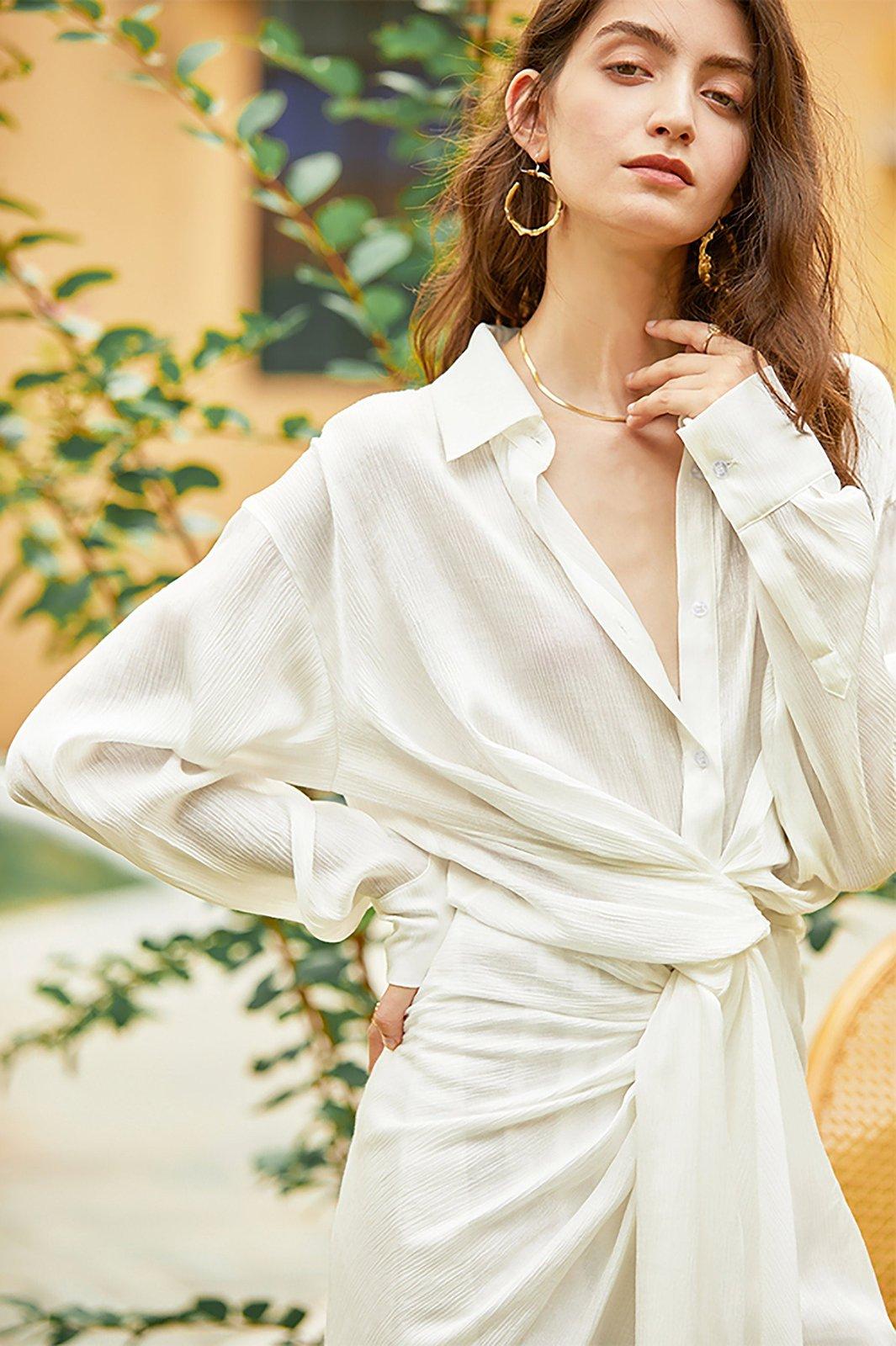 White Long Sleeve Waist Sash Shining Cocktail Shirt Dress