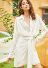 White Long Sleeve Waist Sash Shining Cocktail Shirt Dress Vivian Seven