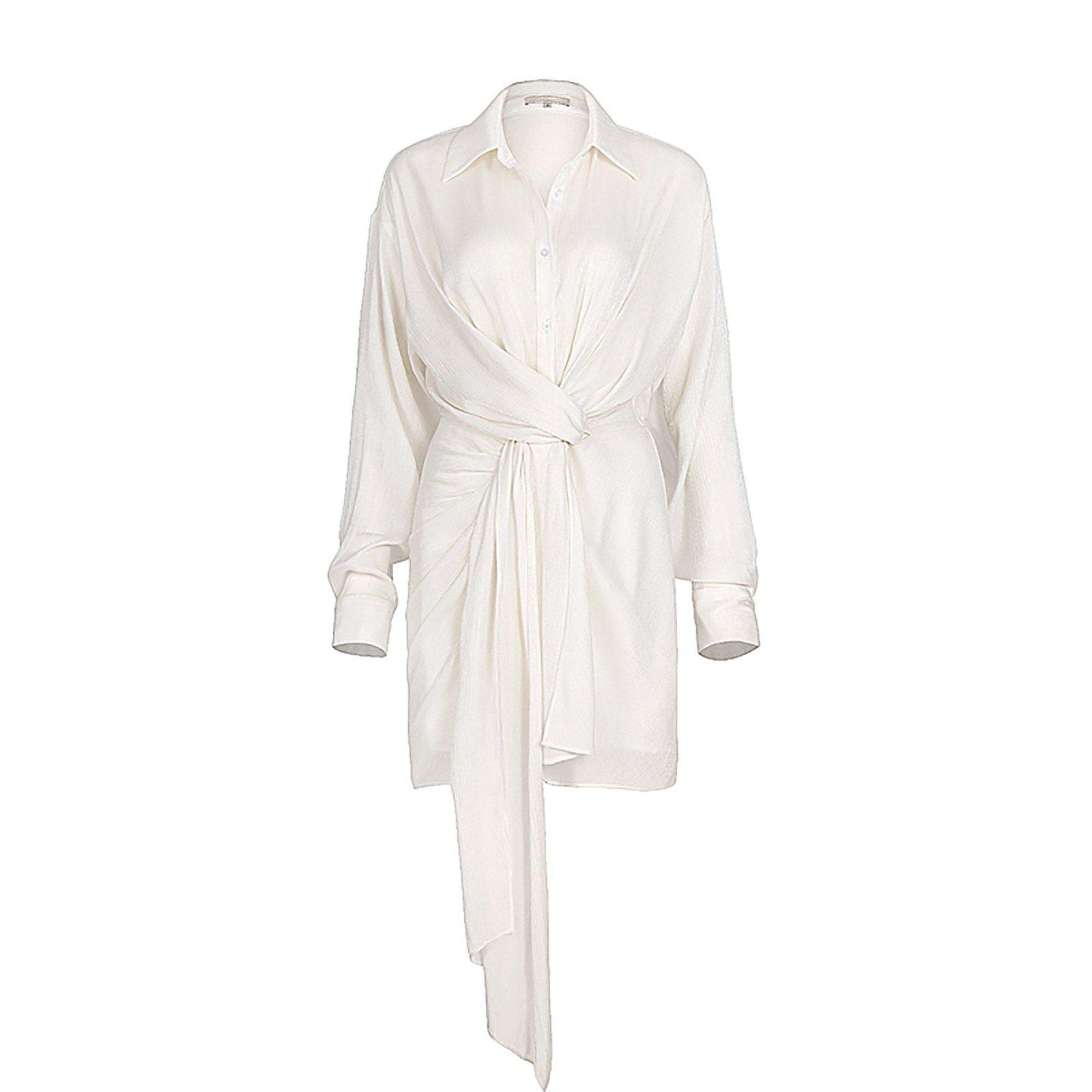 White Long Sleeve Waist Sash Shining Cocktail Shirt Dress White Long Sleeve Waist Sash Shining Cocktail Shirt Dress