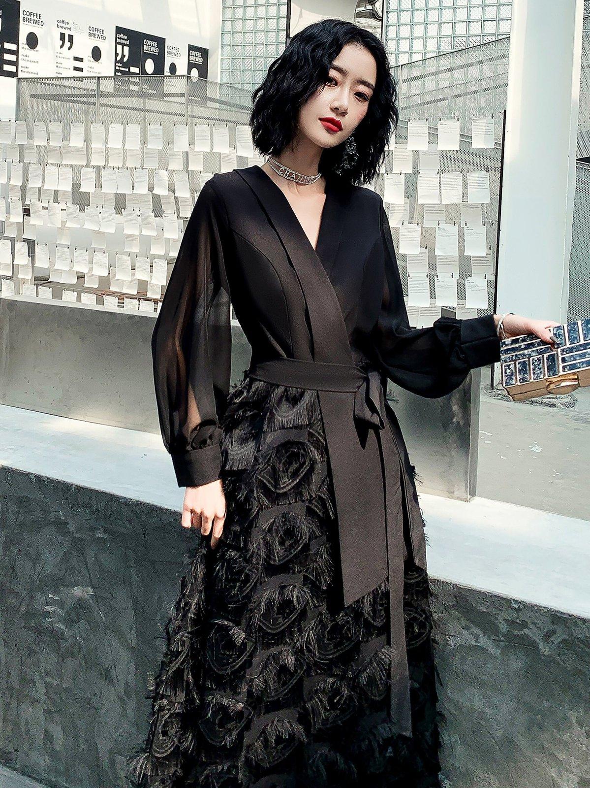 Custom Formal Puff Sleeve Belted Maxi Dress | Vivian Seven M / Black Custom Formal Puff Sleeve Belted Maxi Dress | Vivian Seven M / Black