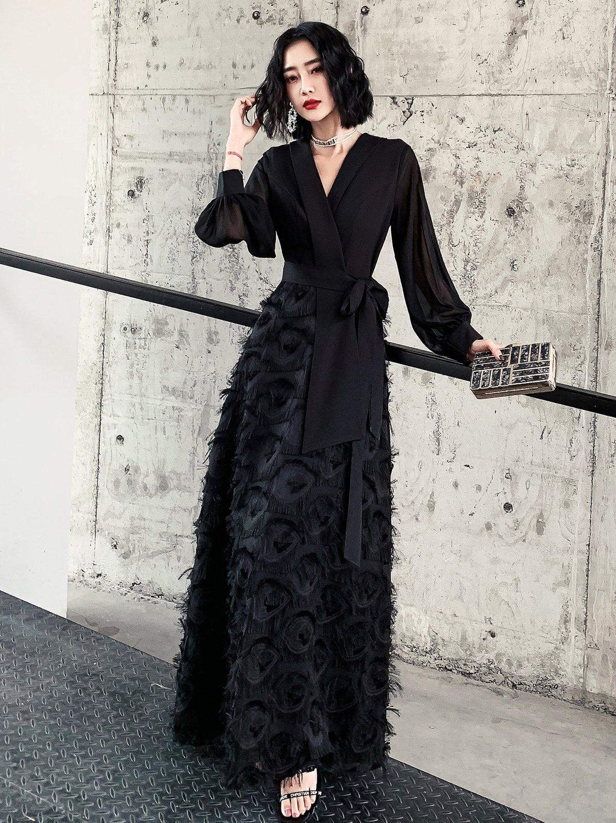 v neck long sleeves belted maxi dress Plus V Neck Long Sleeve Floral Chiffon Belted Dress Curvepretty
