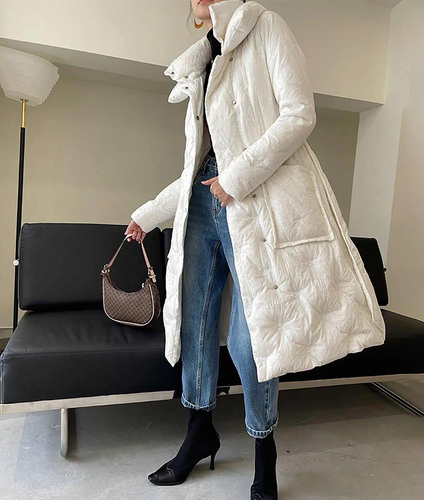 White embroidery Down Coat,Belted Down Feather Puffer Coat,White Long Down Jacket,Warm Winter coat,Warm Puffy Coat,Down Jacket,Vivian7 C106 Vivian Seven