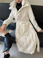White embroidery Down Coat,Belted Down Feather Puffer Coat,White Long Down Jacket,Warm Winter coat,Warm Puffy Coat,Down Jacket,Vivian7 C106 Vivian Seven