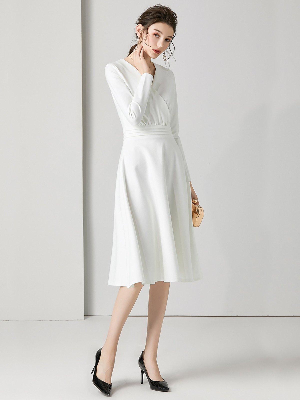 White V-Neck Long Sleeve Fit & Flare Midi Dress | Vivian Seven White V-Neck Long Sleeve Fit & Flare Midi Dress | Vivian Seven