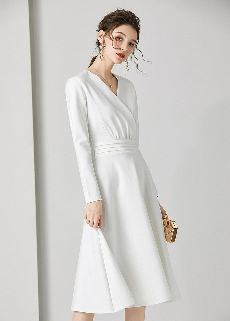 White V-Neck Long Sleeve Fit & Flare Midi Dress | Vivian Seven White V-Neck Long Sleeve Fit & Flare Midi Dress | Vivian Seven