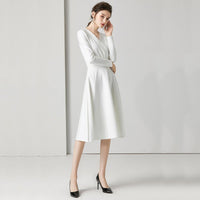 White V-Neck Long Sleeve Fit & Flare Midi Dress Vivian Seven