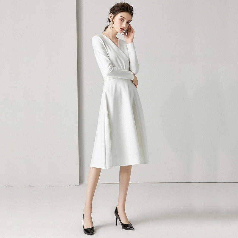 White V-Neck Long Sleeve Fit & Flare Midi Dress | Vivian Seven White V-Neck Long Sleeve Fit & Flare Midi Dress | Vivian Seven