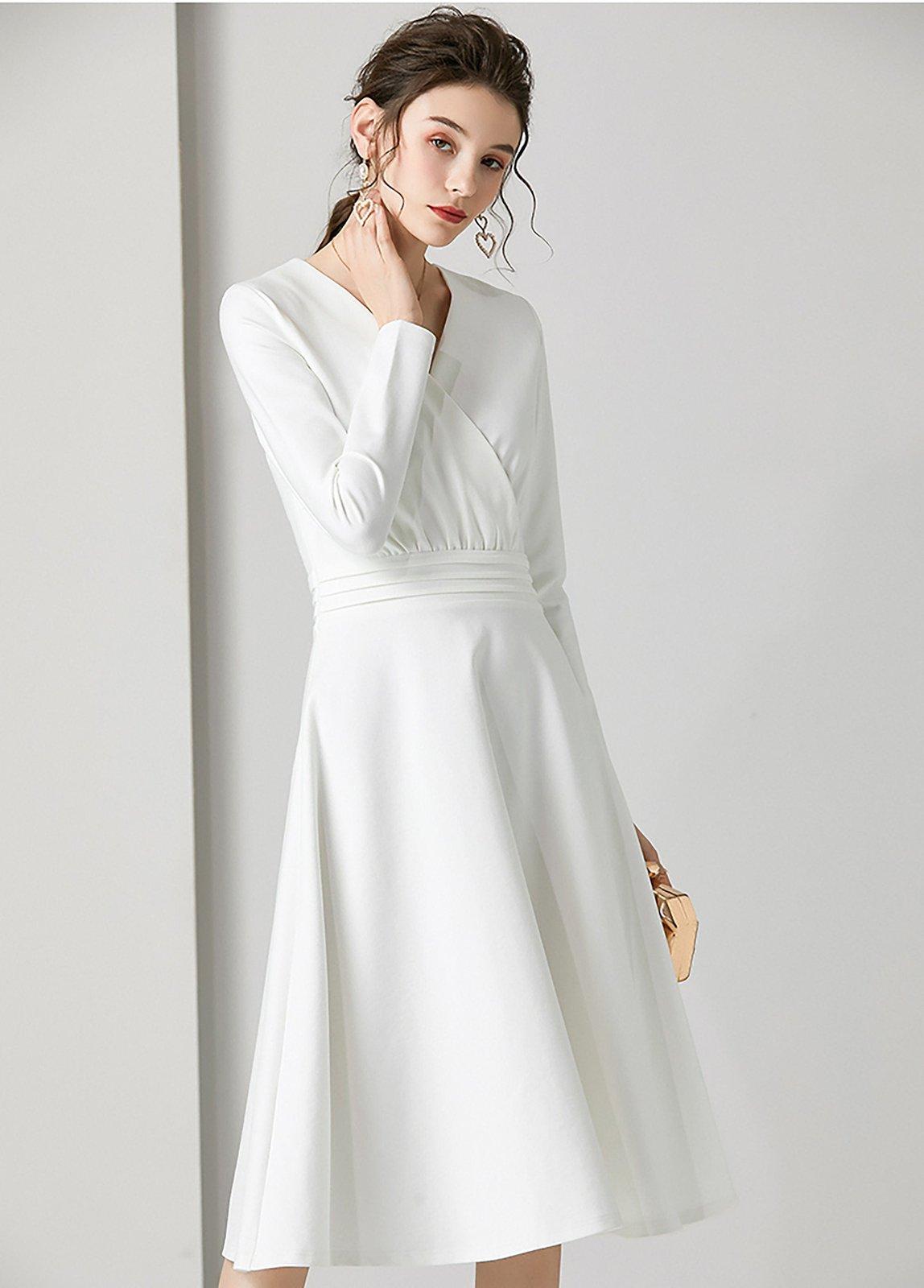 White V-Neck Long Sleeve Fit & Flare Midi Dress Vivian Seven