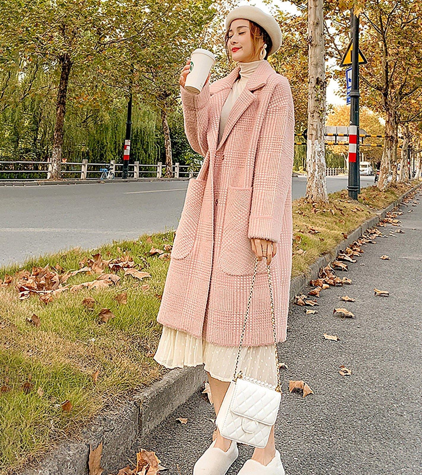 Pink Big Pocket Single Breasted Wool Blend Coat