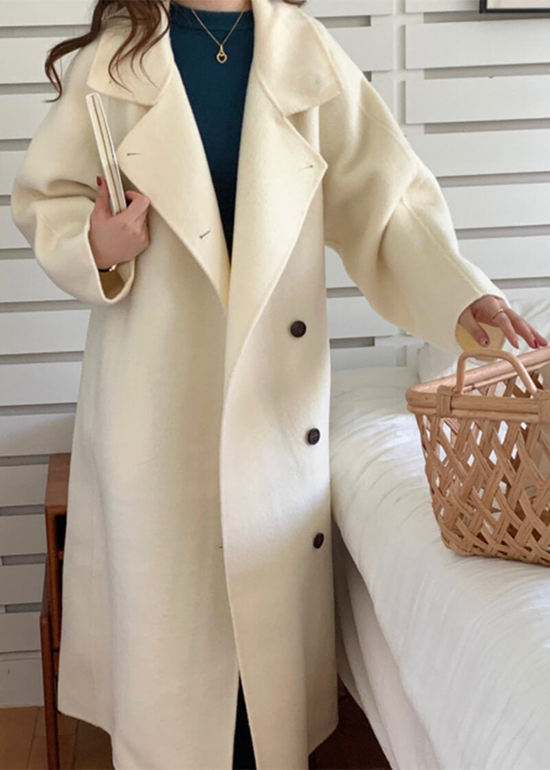 Double Face Wool Cashmere Blend Belted Long Coat Vivian Seven Xs White