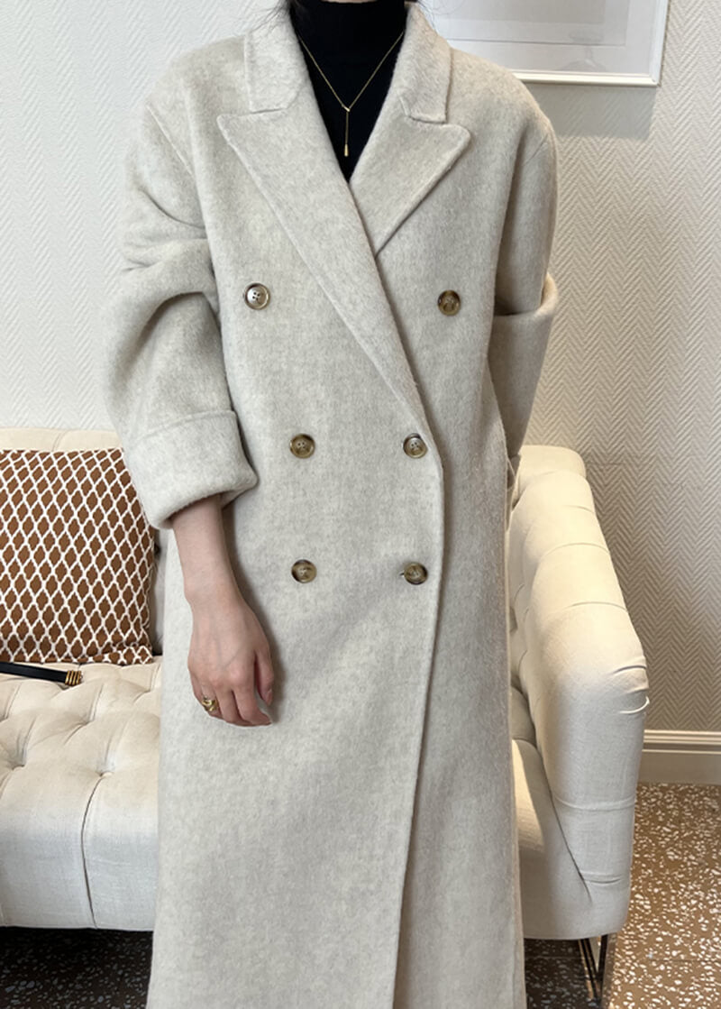 Double Breasted Notched Lapel Wool Long Coat | Vivian Seven