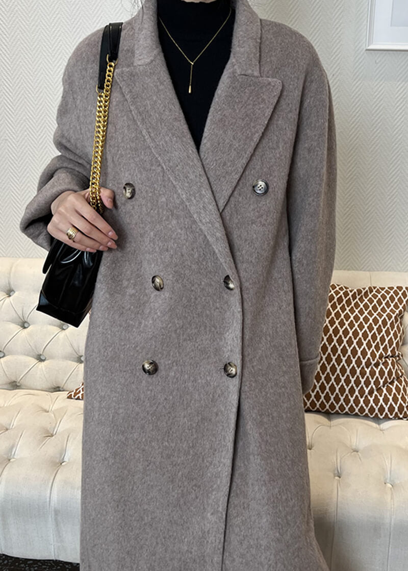 Susan Double Breasted Notched Lapel Wool Long Coat