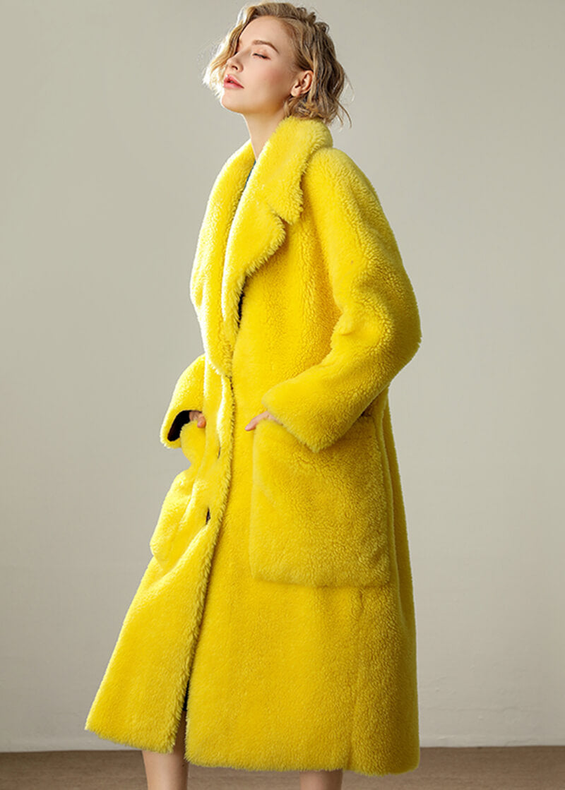 MDG Women's Fine Fashion Golden Yellow Coat Jacket Premium Quality Fur  Collar Designer Wool Coat Jacket